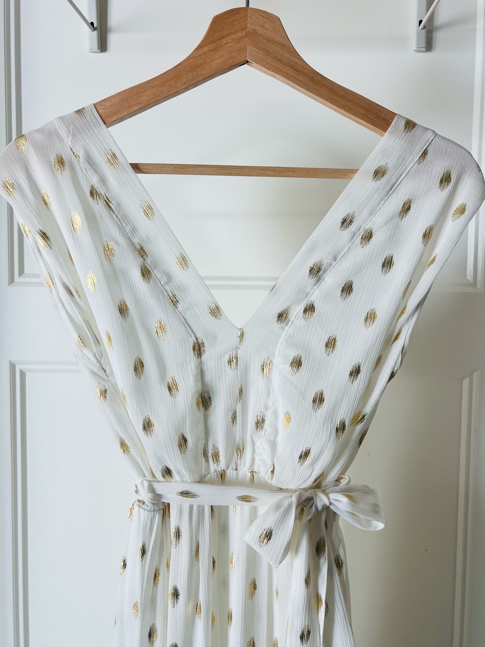 White Midi Dress with Gold Polka Dots and Self-Tie Waist